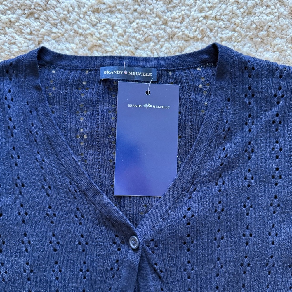 NWT Brandy Melville Knit Cardigan Navy Blue Fitted Soft Girl Coquette Minimalist - Picture 3 of 9